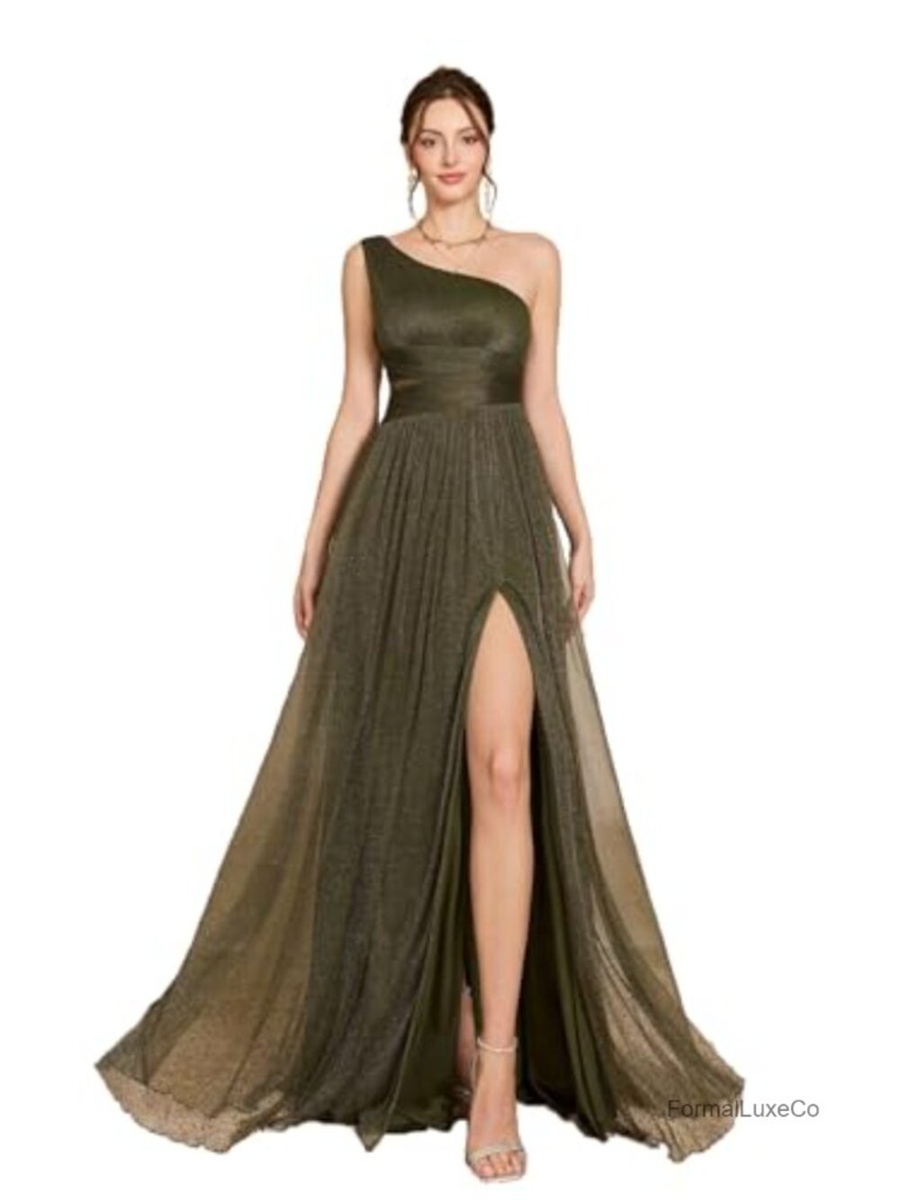 MIMIFINA Women's One Shoulder Sparkly Maxi Dress With High Slit Wedding Party